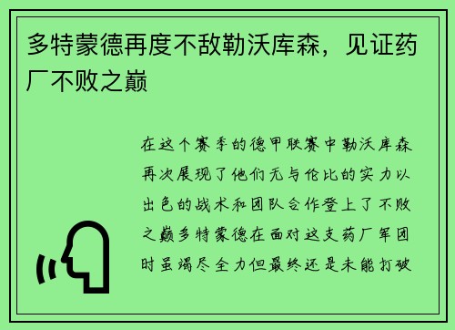 多特蒙德再度不敌勒沃库森，见证药厂不败之巅
