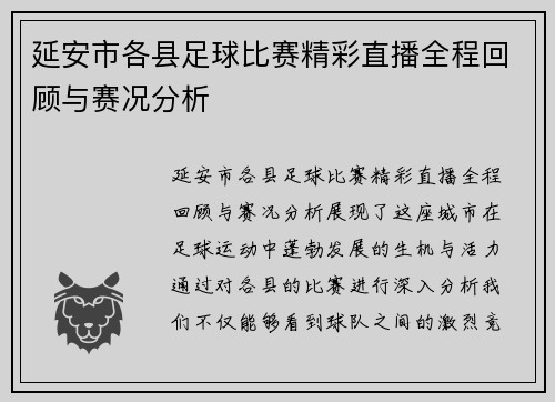 延安市各县足球比赛精彩直播全程回顾与赛况分析 延安市各县足球比赛精彩直播全程回顾与赛况分析